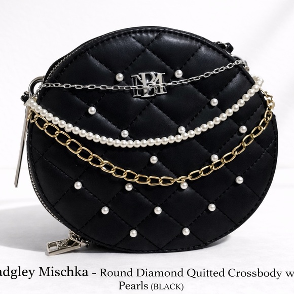 Badgley Mischka Black Quilted Crossbody with Pearls and Chains - Picture 2 of 3
